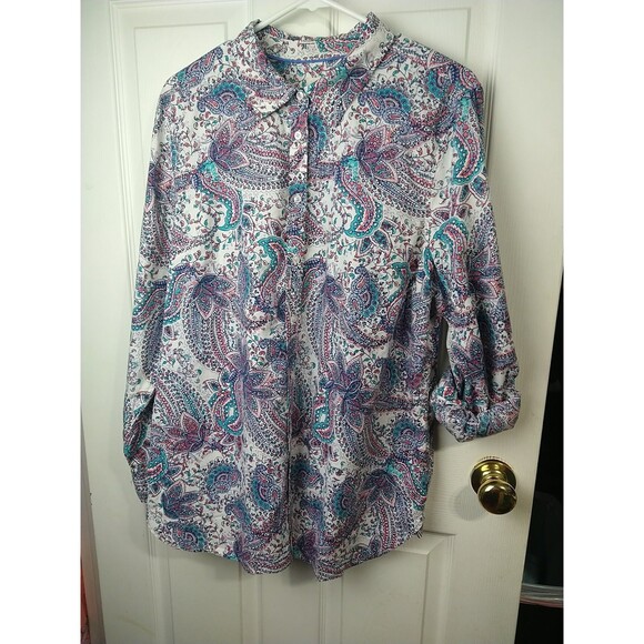 Talbots Woman XL Shirt Collared LS Roll Tab Paisley Workwear Casual Tunic Styled - Picture 2 of 9